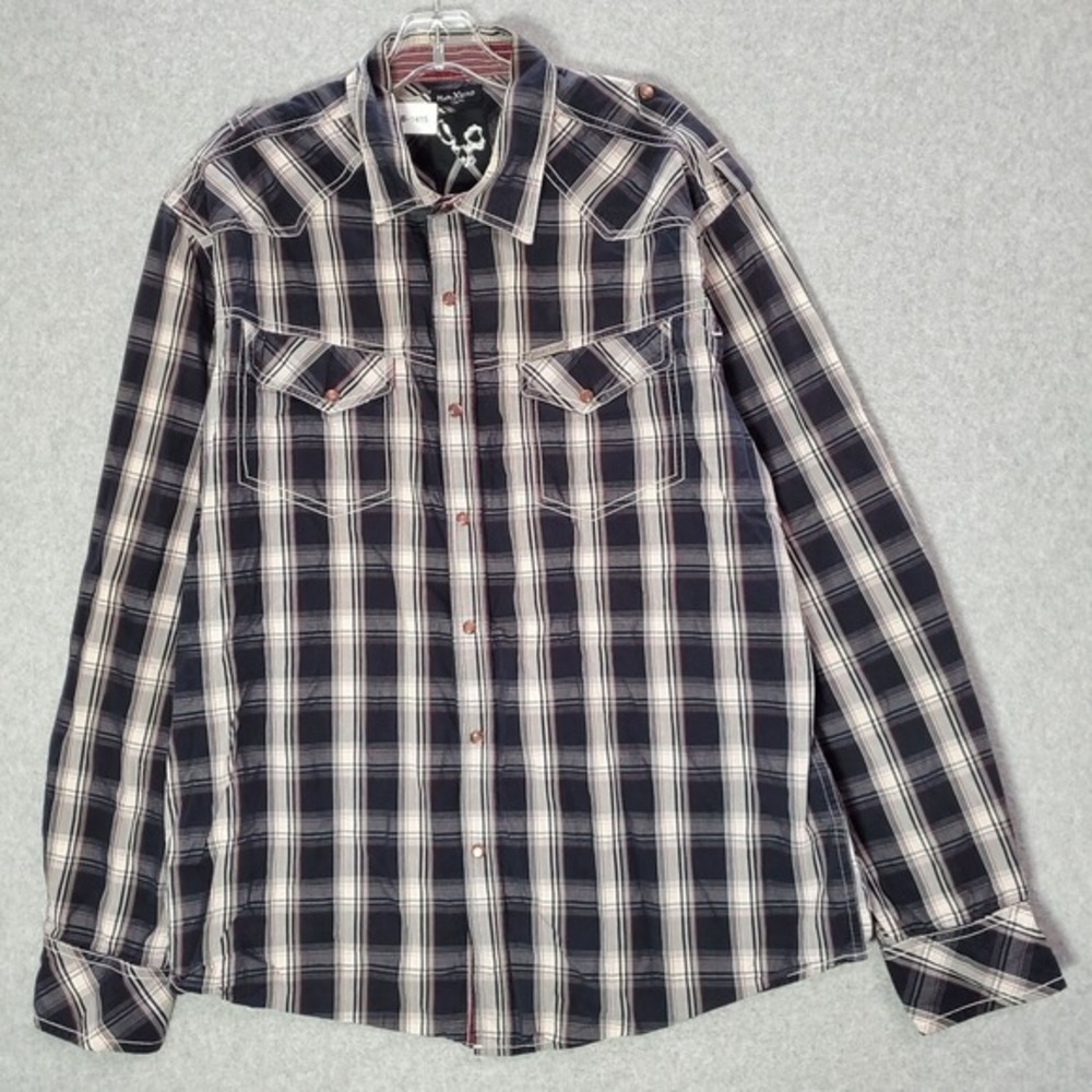 Marc Ecko Men Button‎ Up Shirt XL Black Plaid Pearl Snap Long Sleeve